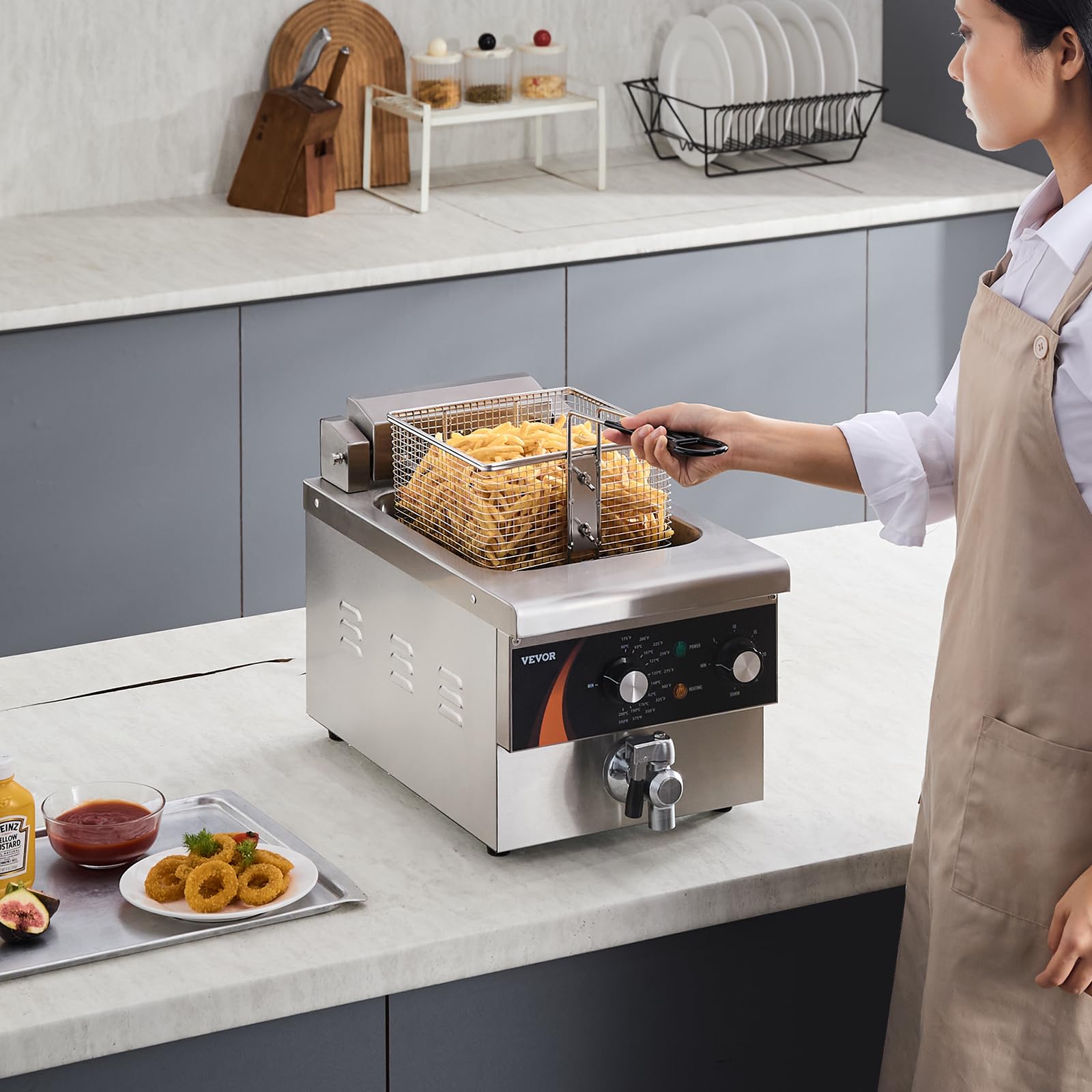 VEVOR Friggitrice Professionale Elettrica da Piano 3000W con Cestello, Friggitrice a Olio Singolo 8,5 L, Acciaio Inox Addensato da 1 mm, Controllo Tempo Temperatura, Uso Cucina Ristorante, Argento