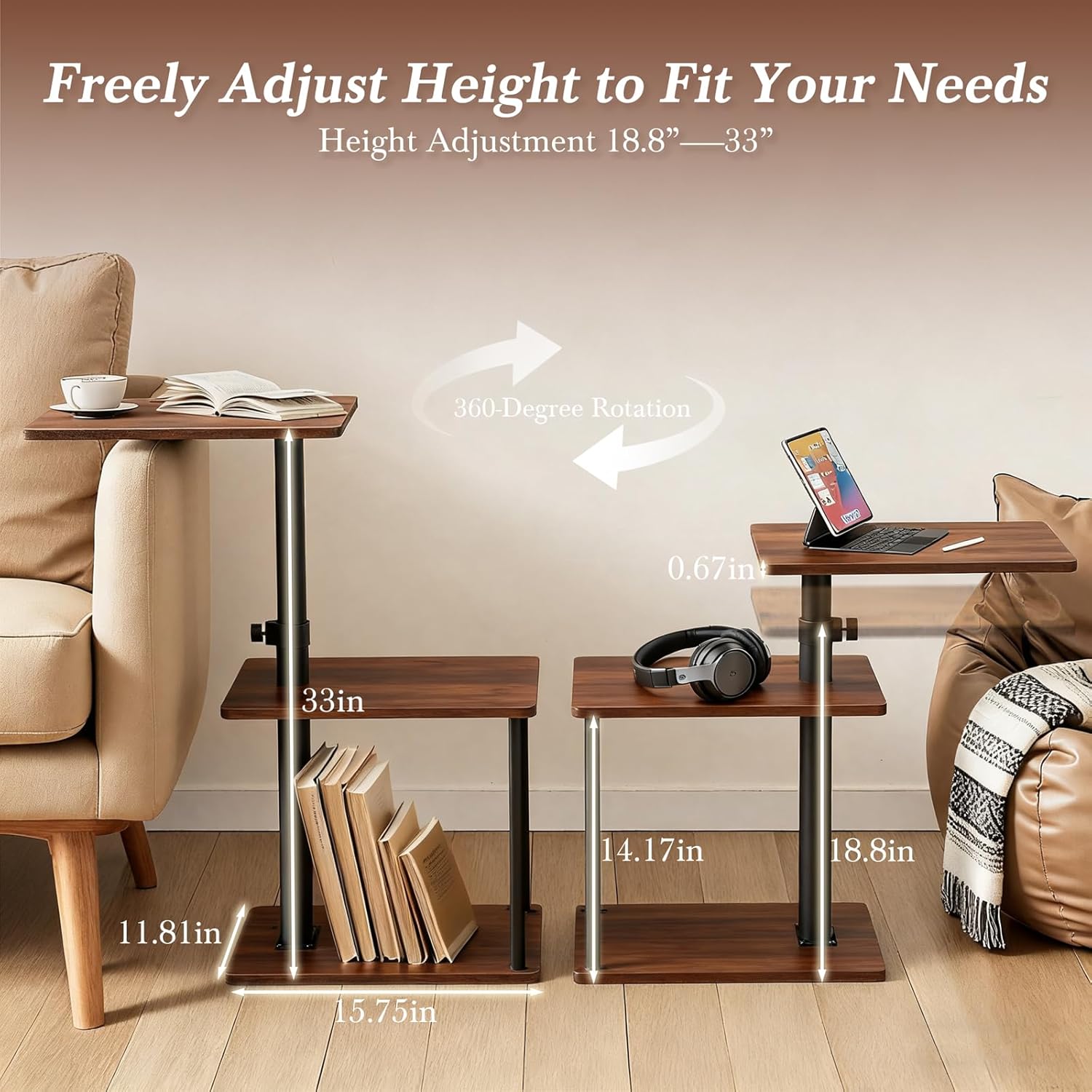 Faesun Swivel Side Table for Couch Arm, Adjustable C End Table for Recliner or Bed, Tv Trays with Storage Shelf for Small Spaces Small Nightstand Table for Living Room, Bedroom，2pc