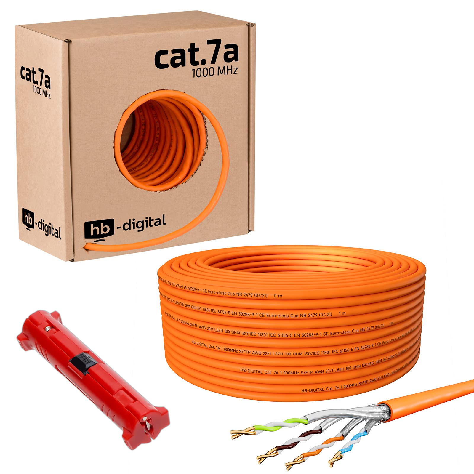 HB-DIGITAL 50m CAT.7a Netzwerkkabel Orange Verlegekabel Ethernet LAN AWG23 Reines Kupfer S/FTP PiMF LSZH Halogenfrei RoHS-Compliant Installation Datenkabel PoE 10Gbit/s max. 1200MHz + Abisolierer