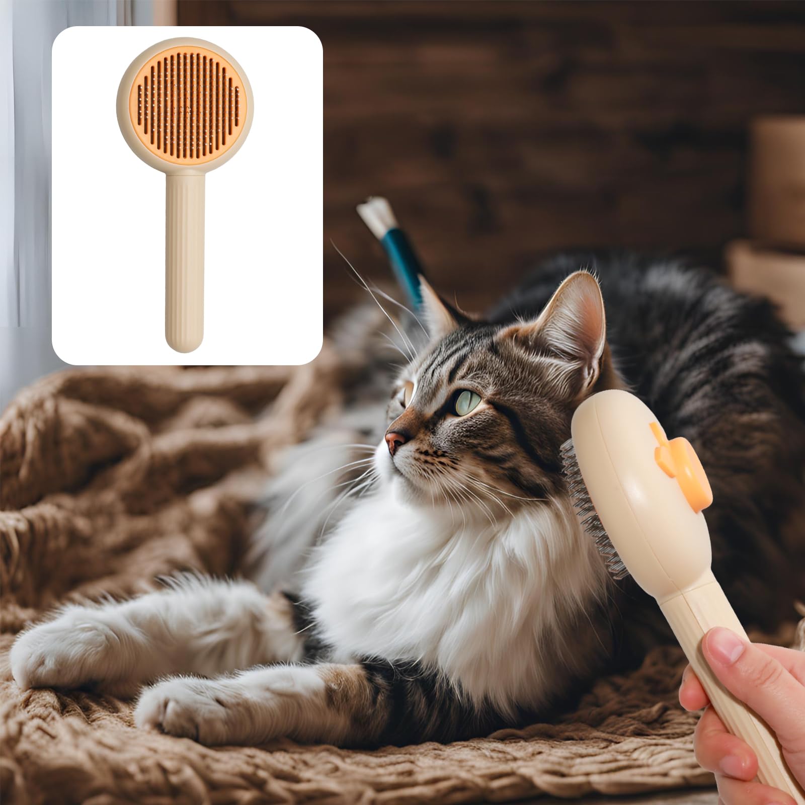 Anphly Pet Massage Comb, Knot Opening Comb, Self-Cleaning, Cat And Dog Universal, One Click Hair Removal,Pet Supplies Hair Remover Tool, Light Yellow - Persimmon Style, One Piece 4