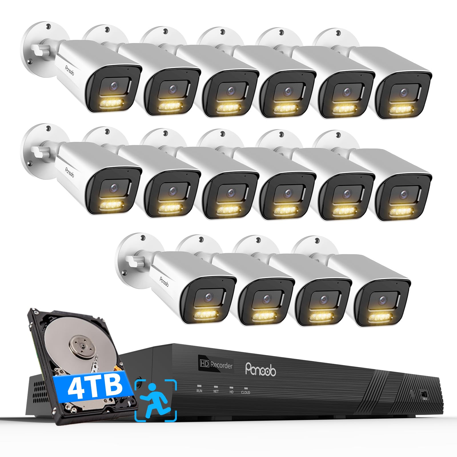 PANOOB 16 Channel Security Camera System 4TB HDD, H.265 16PCS 5MP PoE Commercial IP Bullet Camera, Smart Color Night Vision, 2 Way Audio Talking, AI Human Detection, Remote Access,PB65A1616-5MD