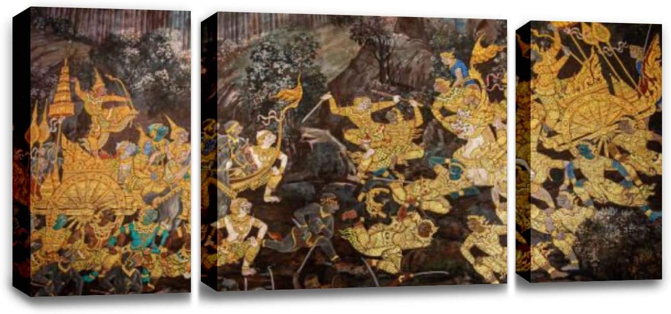 Gold Color of Old Mural is The Story of ramakian,Ancient Fresco at Wall Decor Print on Canvas Modern Artwork Living Room Bedroom Painting Art Wall