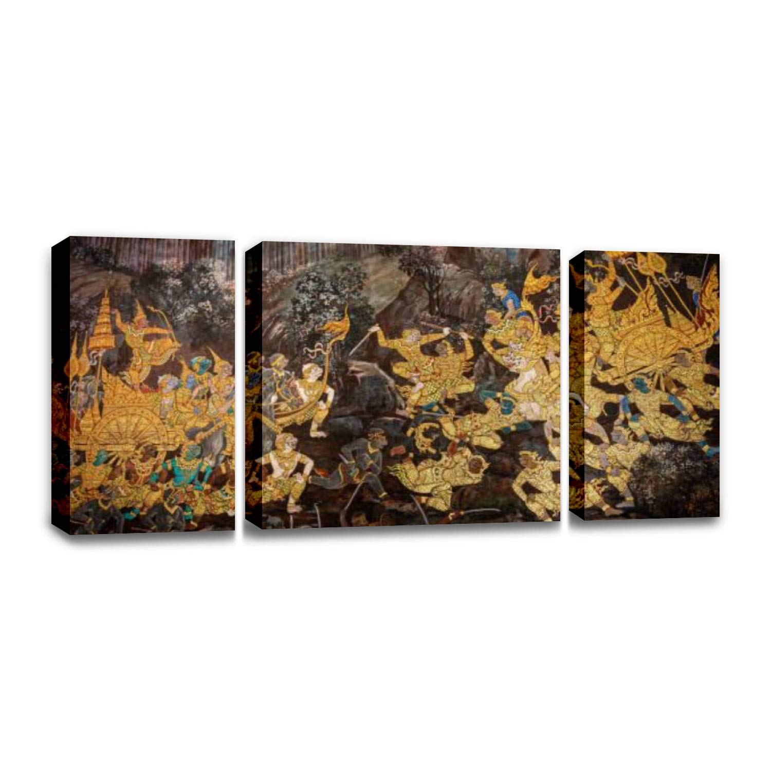 Gold Color of Old Mural is The Story of ramakian,Ancient Fresco at Wall Decor Print on Canvas Modern Artwork Living Room Bedroom Painting Art Wall