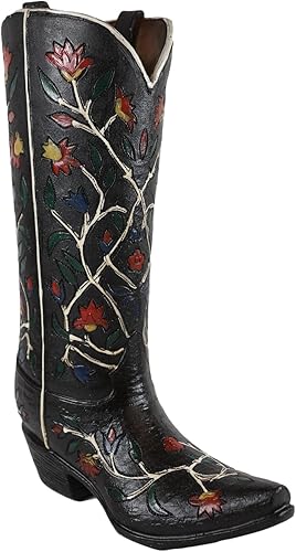 Ebros Gift Bota vaquera de cuero rústico occidental negro con vides florales de rosas rojas y figuras decorativas o florero floral, estante de mesa,