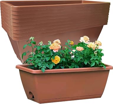 QPEY Window Box Planter, 10 Pack 17 Inch Plastic Flower Box with Tray Rectangular Planters for Outdoor Indoor Plants Garden Home Decor red