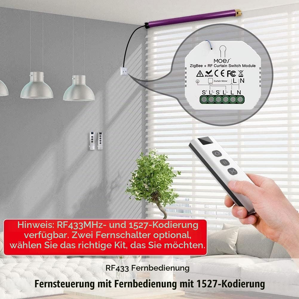 MOES 4 Pack Tuya Zigbee RF433 Smart Rolladenschalter Relais Modul, Rolladen Jalousien Zeitschaltuhr Schalter für Rollladenmotor, Alexa Google Smart Life【Tuya ZigBee Hub erforderlich】 | Für motorisierten Elektromotor, Tuya ZigBee Hub erforderlich, Kompatib