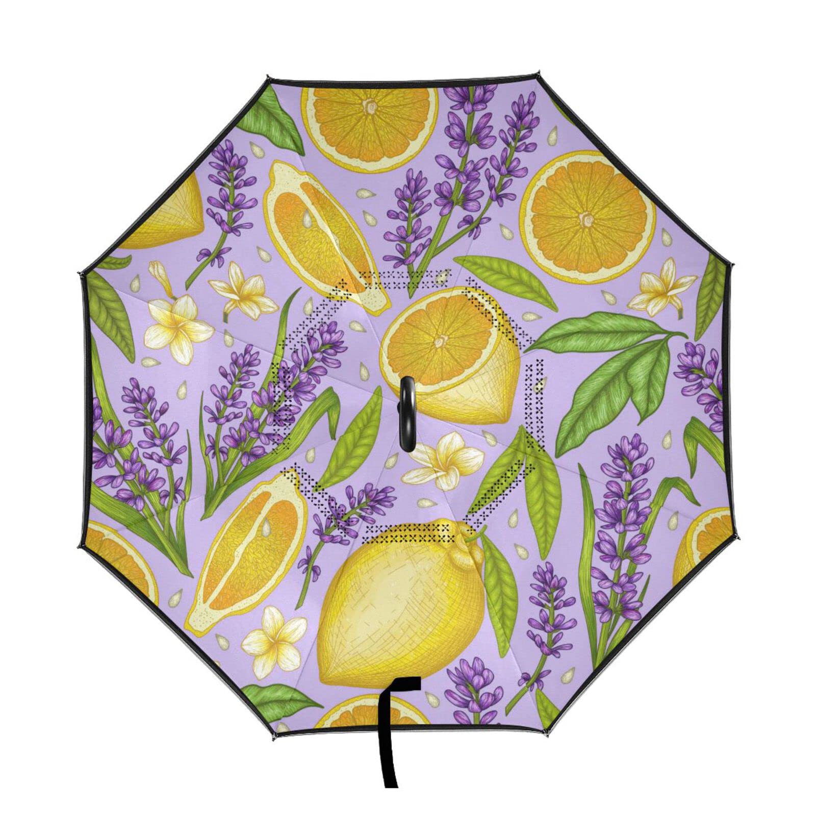 MNSRUU Doble capa invertida amarillo limón lavanda paraguas coches reversa viento lluvia paraguas para coche exterior con mango en forma de C, protección UV a prueba de viento, Multi, L