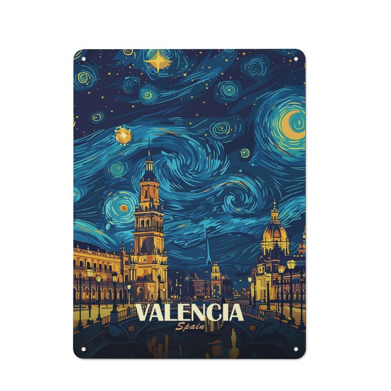 Junmoney Style-12 Valencia Spain Starry Night Art Retro Metal Wall Decor 40X30cm, Retro Metal Sign For Garage, Hobby Room, Office Or Man Cave