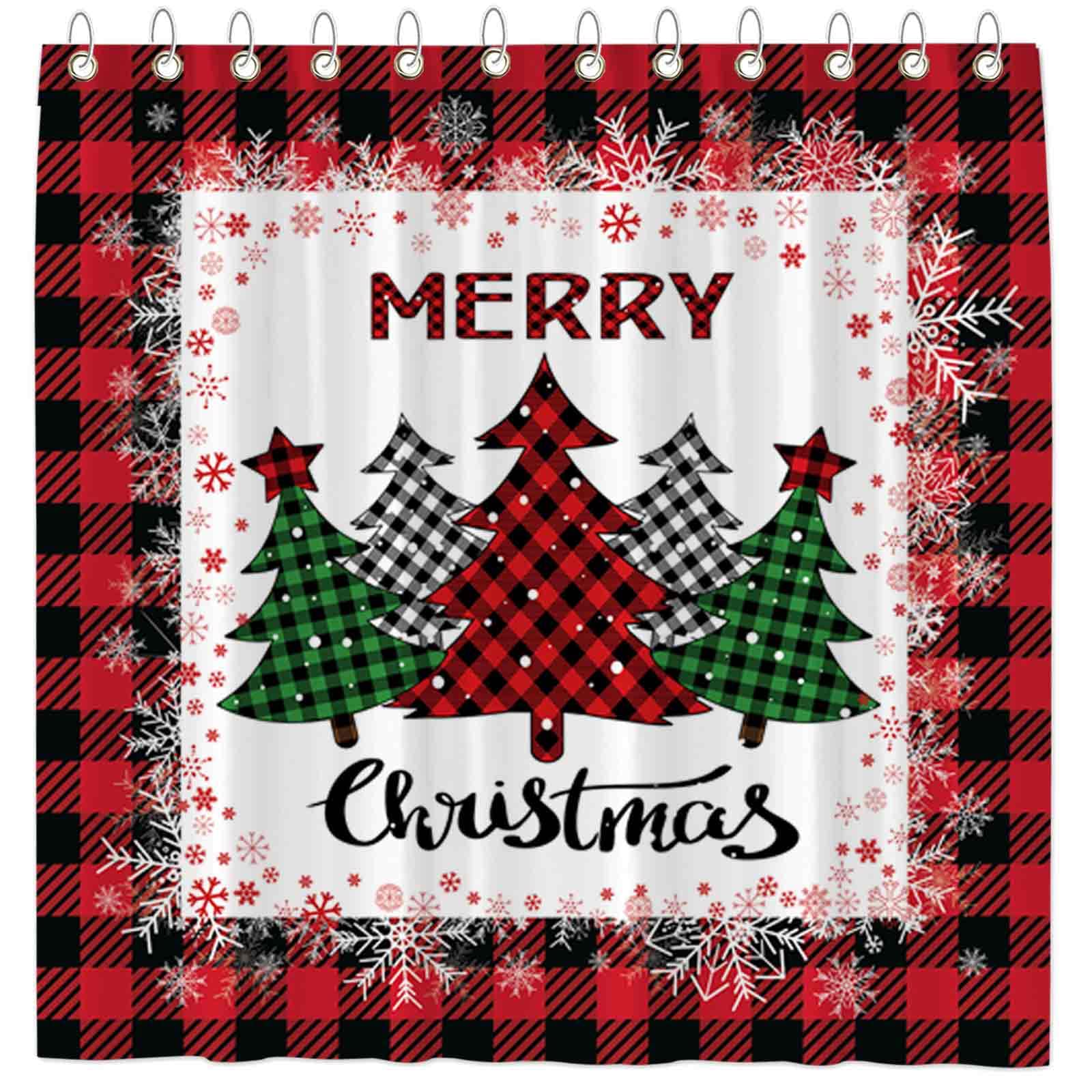 Funnytree Red Buffalo Check Plaid Merry Christmas Trees Shower Curtain for Bathroom Set Winter Xmas Farmhouse Home Bath Bathtub Decoration Durable Fabric Machine Washable with 12 Hook 72"x72"