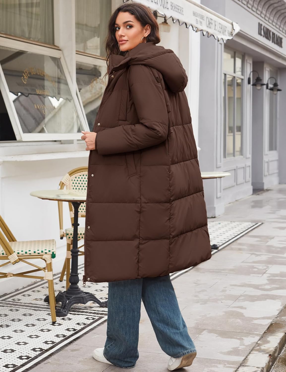 Flygo Long Winter Coats for Women Hooded Puffer Coat Jackets Thickened Midi Long Sleeve Zip Down Parka Outerwear - Image 5