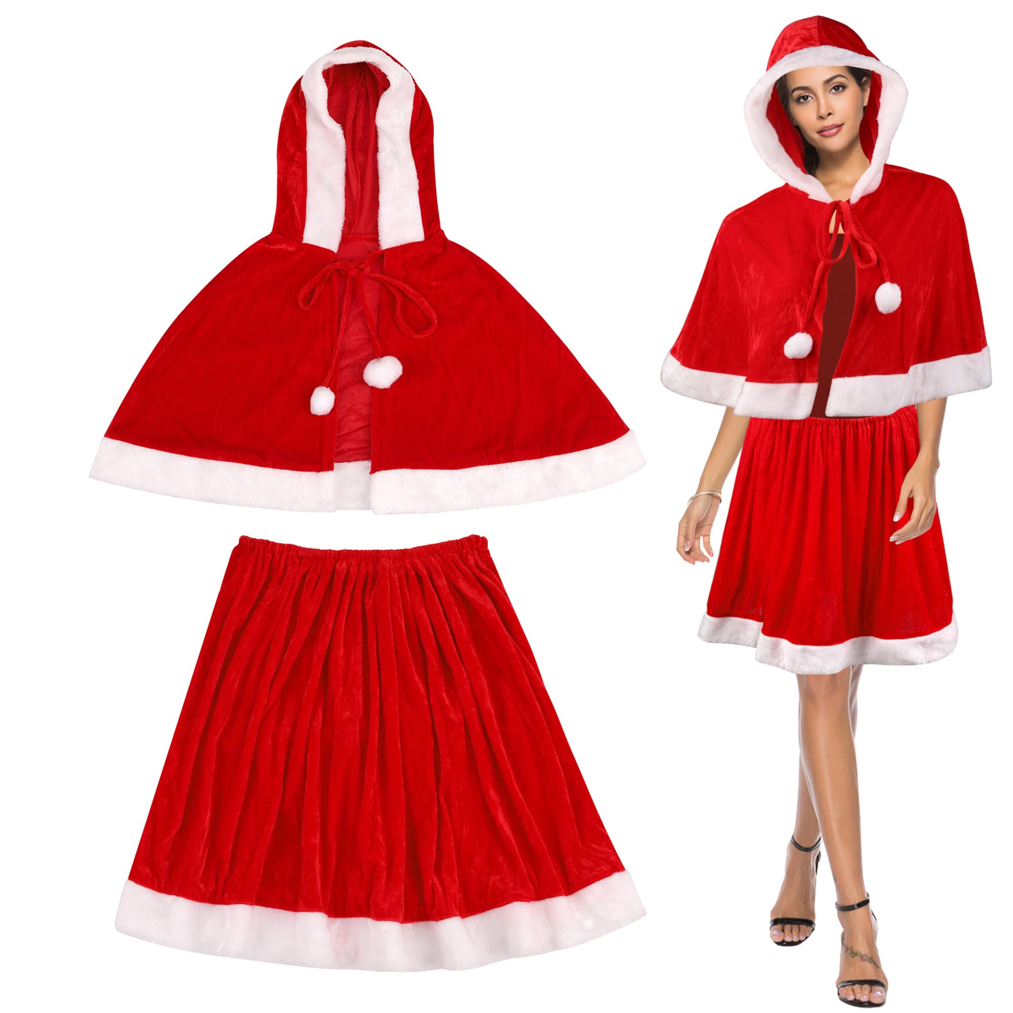 Trimming Shop Santa Shawl Hooded Cape & Skirt Set – Velvet Xmas Cloak with White Trim | Christmas Fancy Dress Costume for Office Party, School Play, Mall Santa, Fundraiser or Holiday Event Outfit