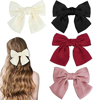 مشبك شعر على شكل فيونكة، للنساء، مشابك شعر فرنسية كبيرة مع شريط بلون سادة، مشابك شعر من الساتان الناعم والحرير للنساء والبنات، 4 قطع من مونسكت