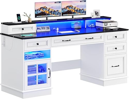 Miniatura 8 de BTHFST Escritorio ejecutivo con cajón de archivos, escritorio para computadora con soporte para monitor, escritorio de oficina en casa con cajones y