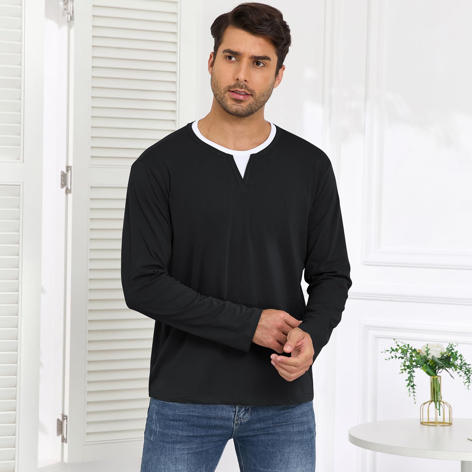 HOTIAN Herren Langarmshirts mit V-Ausschnitt Basic Pullover Henley Shirt Oberteile Freizeit Sweatshirt T-Shirt für Männer