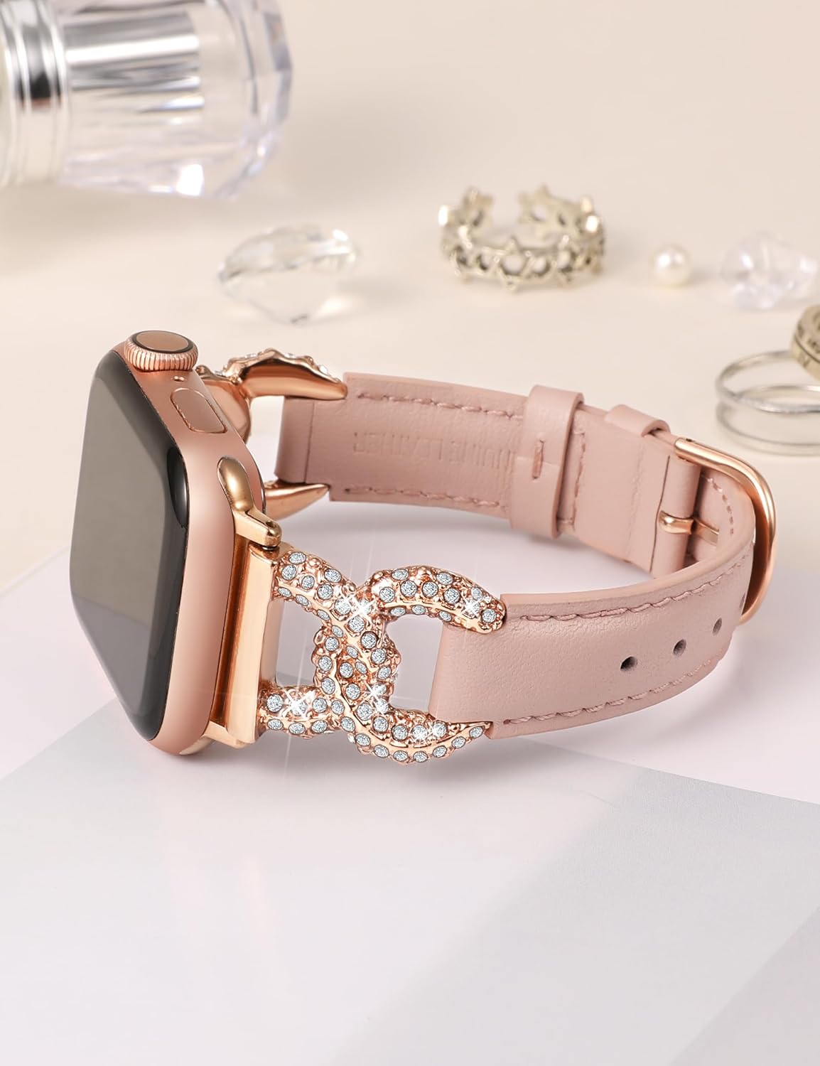 TOYOUTHS Leather Band Compatible with Apple Watch Bands for Women 38/40/41/42/44/45/46/49mm Dressy Designer Diamond Interlock Buckle Thin Strap Buckle for iWatch 11 10 9 8 7 6 5 4 SE/Ultra 3 2 1 - Image 3