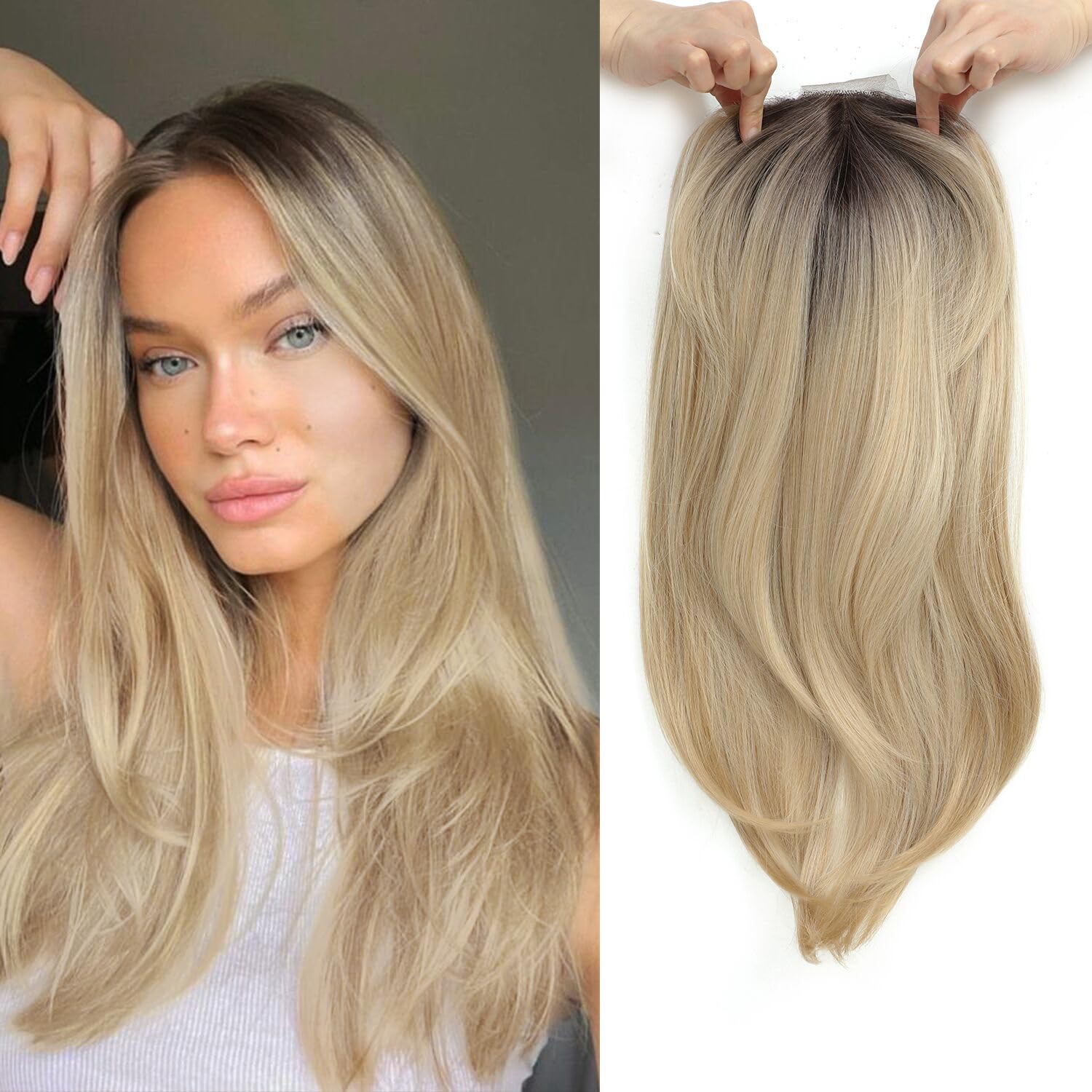 Molefi Hair Toppers for Women with Thinning Hair,18 Inch Long Layered Topper,Add Volume Synthetic Wiglets Pieces For Women 6.5"x6.5"Large Base for Daily Use (Ombre Blonde with Dark Root)