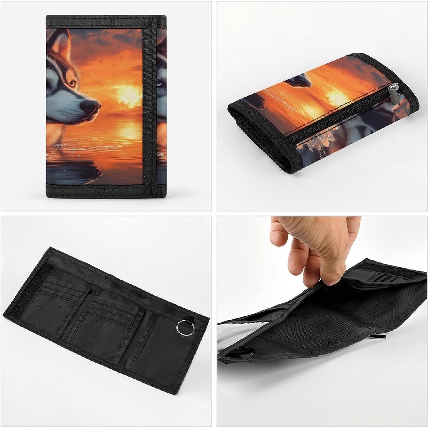 Siberian Huskie Dog Sunset Trifold Slim Wallet Front Pocket With Money Clip And ID Credit Card Slots For Travel Work