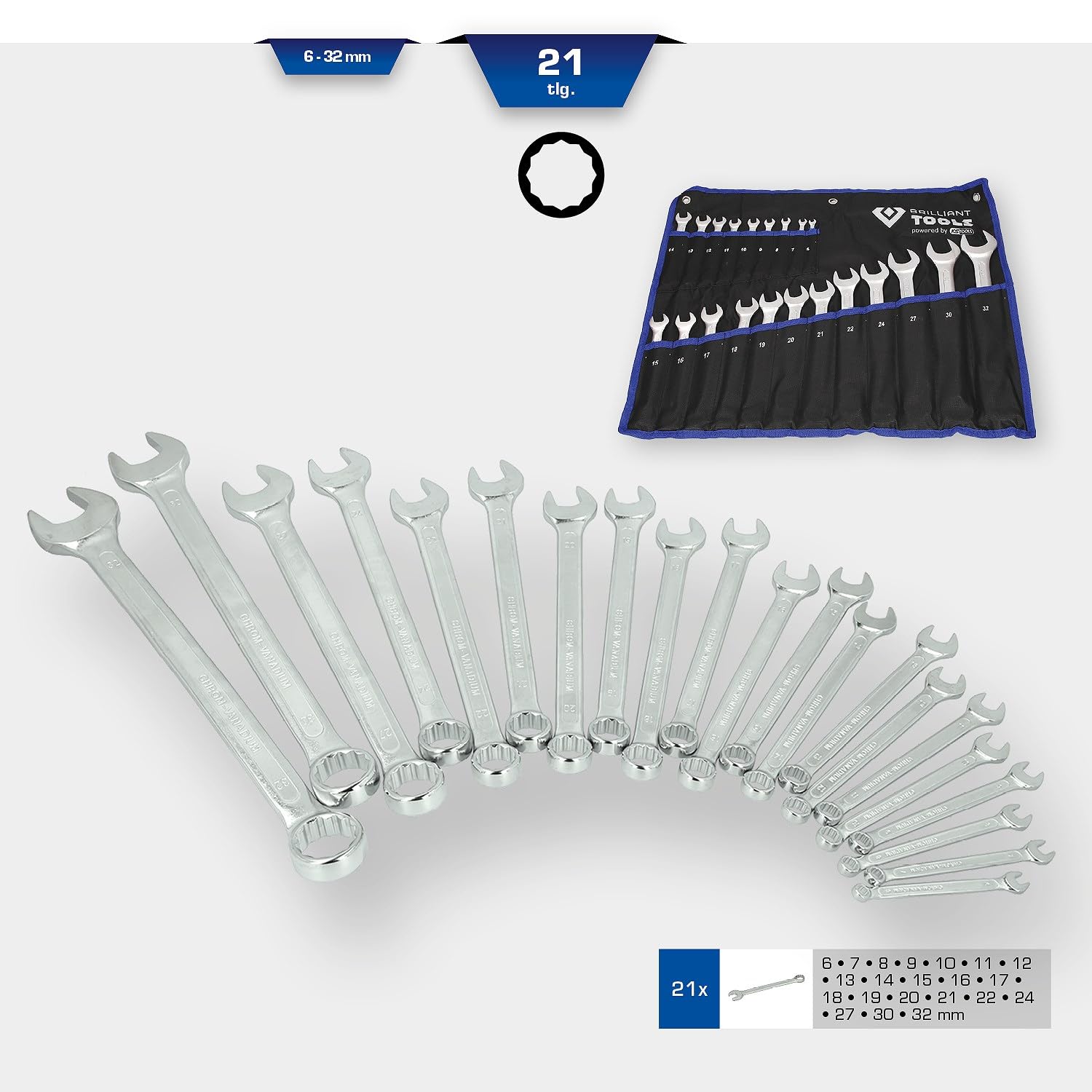 BRILLIANT TOOLS BT011021 Juego de llaves combinadas, 21 pzs [Powered by KS TOOLS]