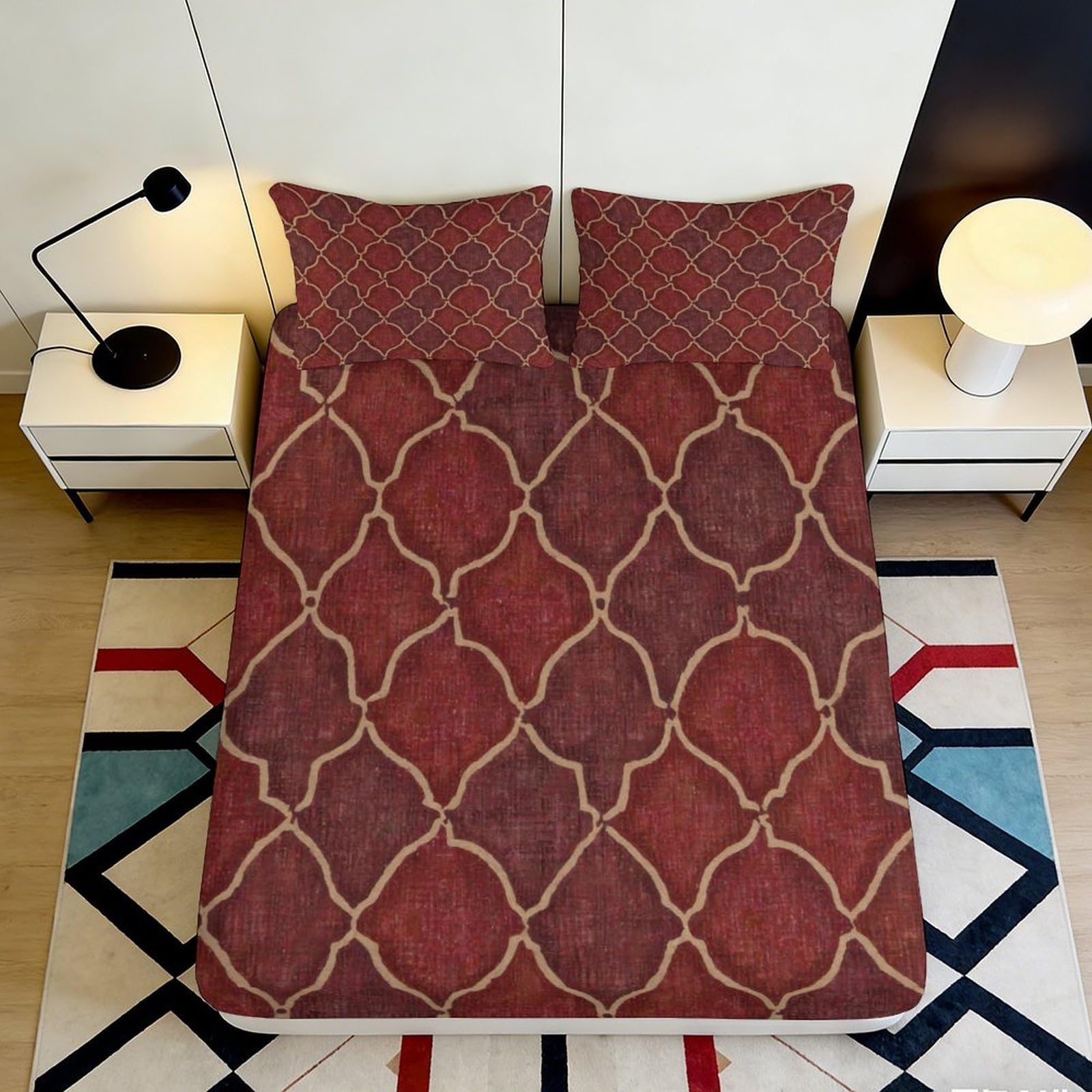 3D Printed Moroccan Lattice Fitted Sheet Microfiber Burgundy Geometric Mattress Cover for Bedroom Guest Room Decor 90x200x25cm