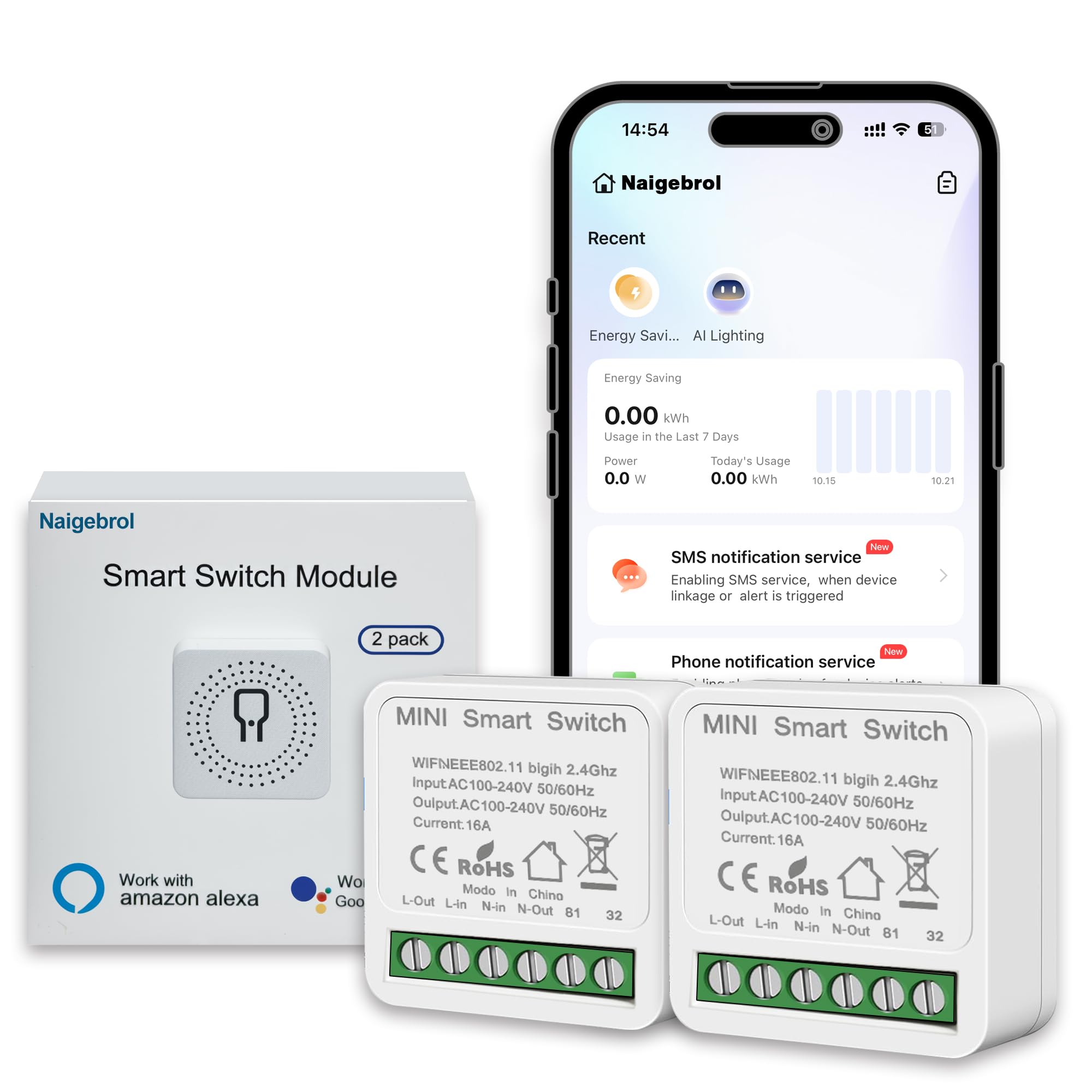Naigebrol 2PACK WiFi MINI Smart Light Switch,Neutral wire required,DIY Home Automation,Works Alexa/Google,16A 4000W High-Power 2 Way,Voice/Remote Control,Universal light-Controlled Circuit Breaker