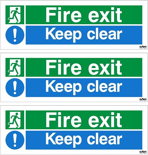 3 x Fire exit Keep clear signs. Each sign is 300mm x 100mm (Pack of 3) (Self Adhesive Sticker)