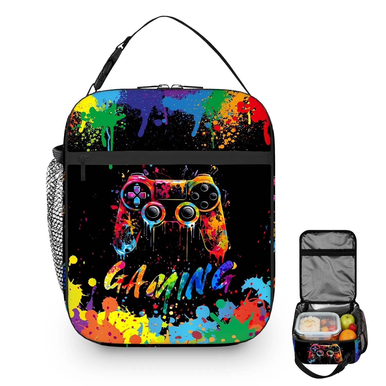 Gamer Lunch Bag, Waterproof Game Themed Lunch Bag for Kids, Heavy-Duty Polyester Boys Lunch Box, Portable Lunch Bag Boys for Travel Picnic Hiking, Reusable Kids Lunch Box for Outdoor Activities