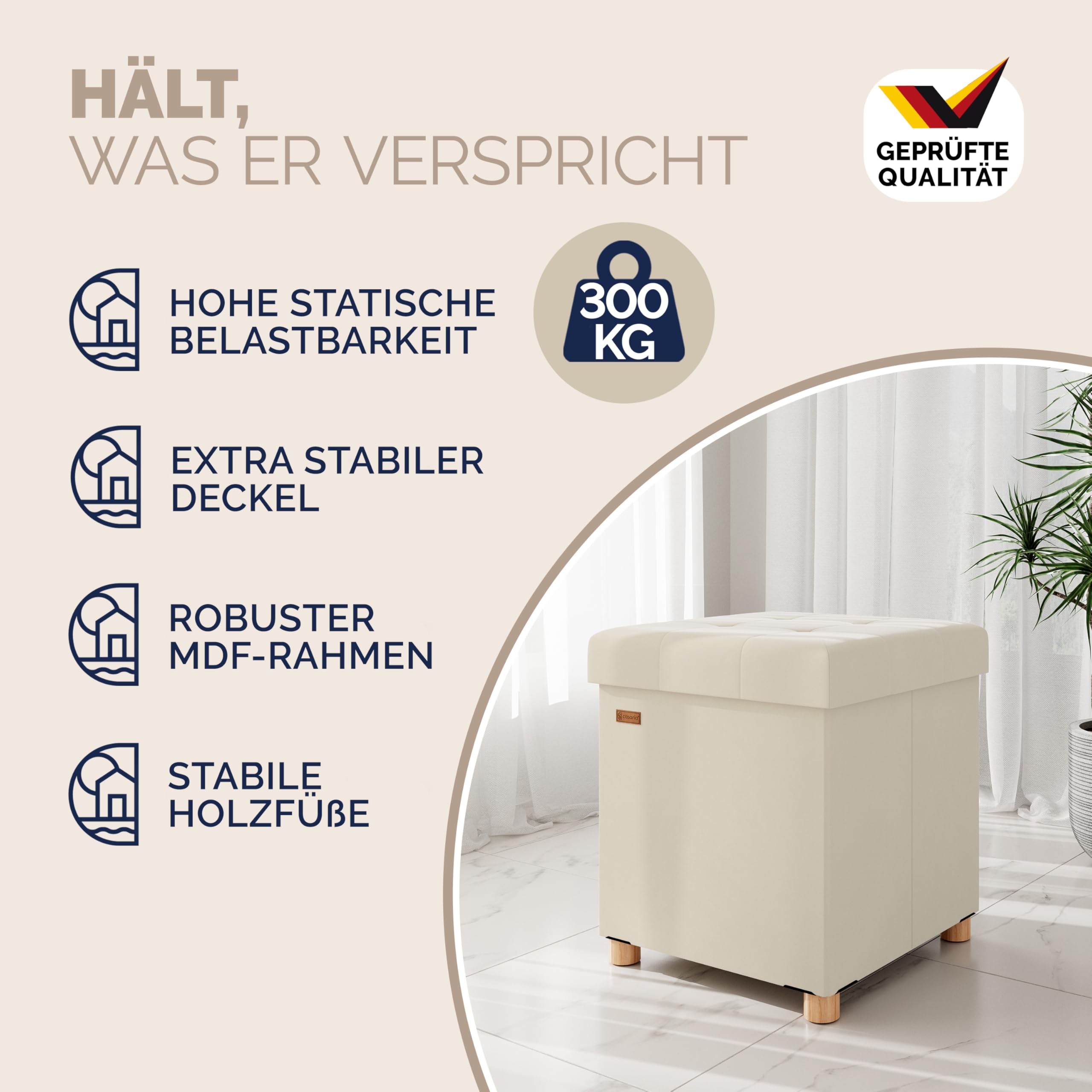Casaria® Hocker mit Stauraum Samt Beige Faltbar inkl. Füßen 38x38cm 300kg Belastbarkeit Wohnzimmer Schlafzimmer Flur Sitzhocker Fußhocker Polsterhocker