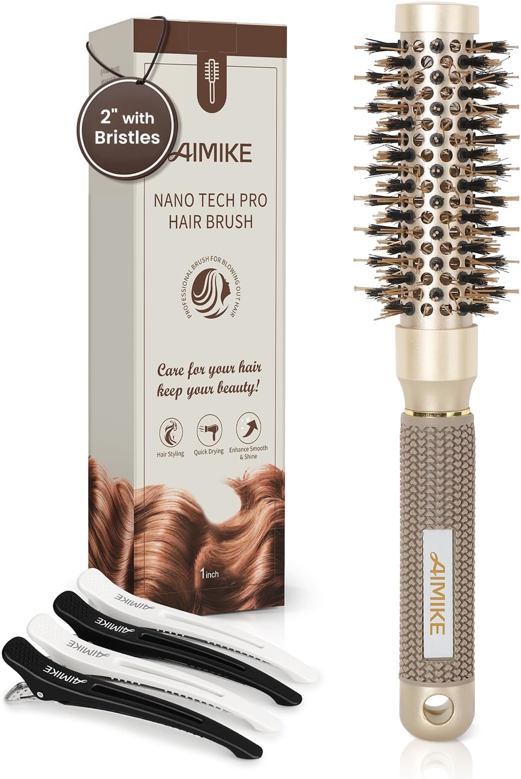 AIMIKE Round Hair Brush, 1 inch Barrel with Boar Bristles, Nano Thermal Ceramic & Ionic Tech, for Blow Drying, Styling, Curling and Shine + 4 Clips (Gold, Unisex, Fine Hair, Short Hair, Anti-Frizz)