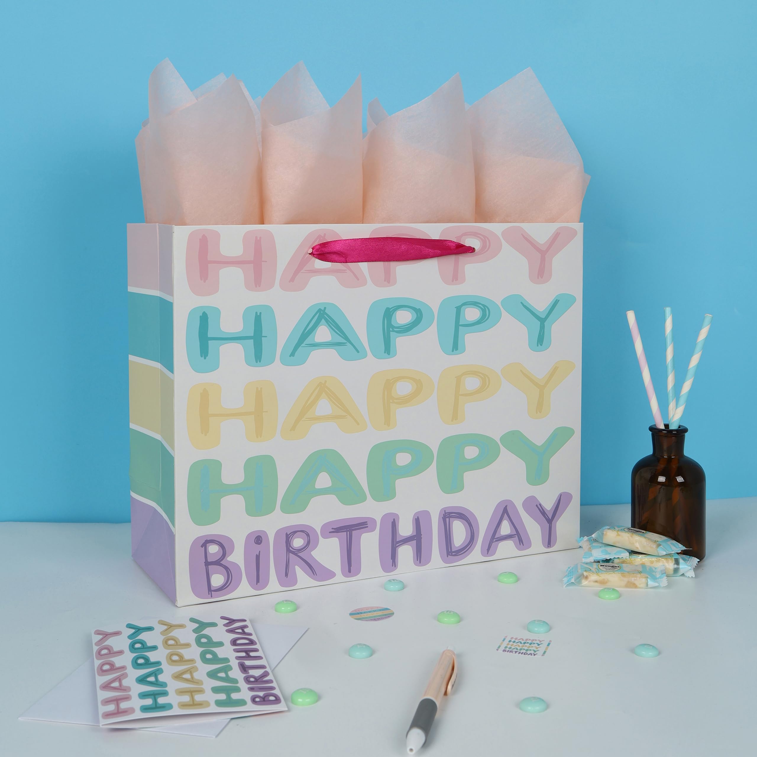 Jumbo Birthday Gift Bag Set - 13" Large Party Bag With Card, Tissue & Stickers For Women & Girls