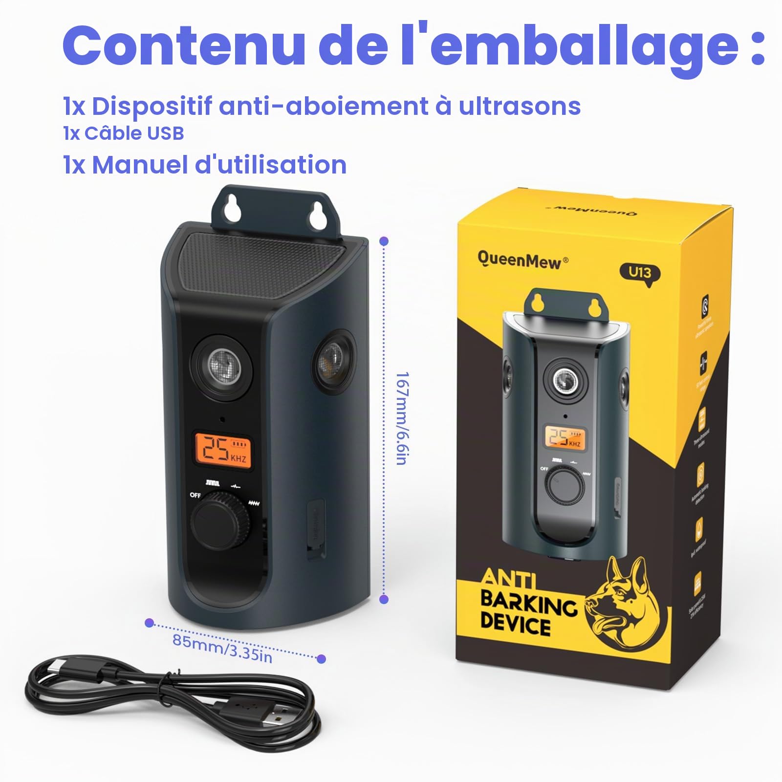 Anti Aboiement pour Chien, Dispositif Anti Aboiement ,33 Pieds Rechargeable Dispositif Dissuasion pour Petits et Grands Chiens Exterieu, Anti-Aboiement Chiens Ultrason pour Chien Anti Aboiements pour