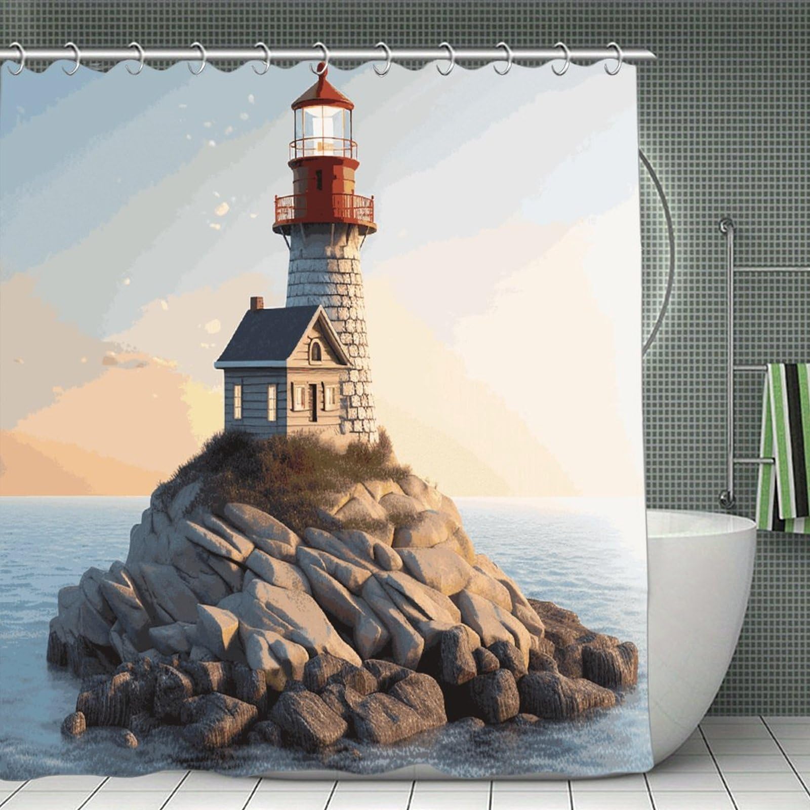 VstaDank 3D Seaside Lighthouse Shower Curtain 71x71 Heavy Duty Polyester Cloth Bath Curtain with Hooks Thick Waterproof Shower Liner Fun Magic Decorative Bathroom Curtains for Bathtub