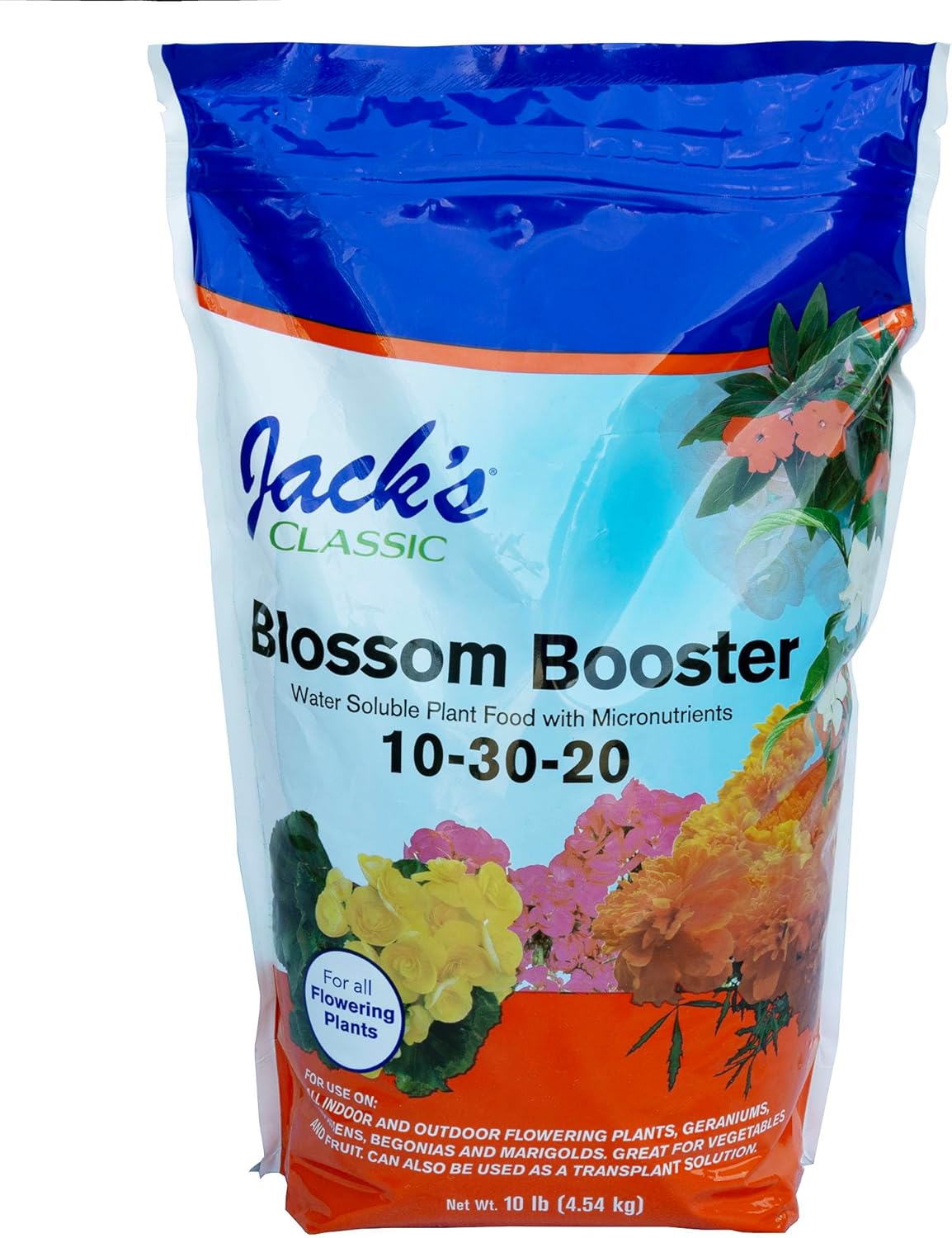 Jack's Classic 10-30-20 Blossom Booster Water-Soluble Fertilizer with Micronutrients for Increasing Color and Quantity of Blooms in Flowering Plants, 4lbs