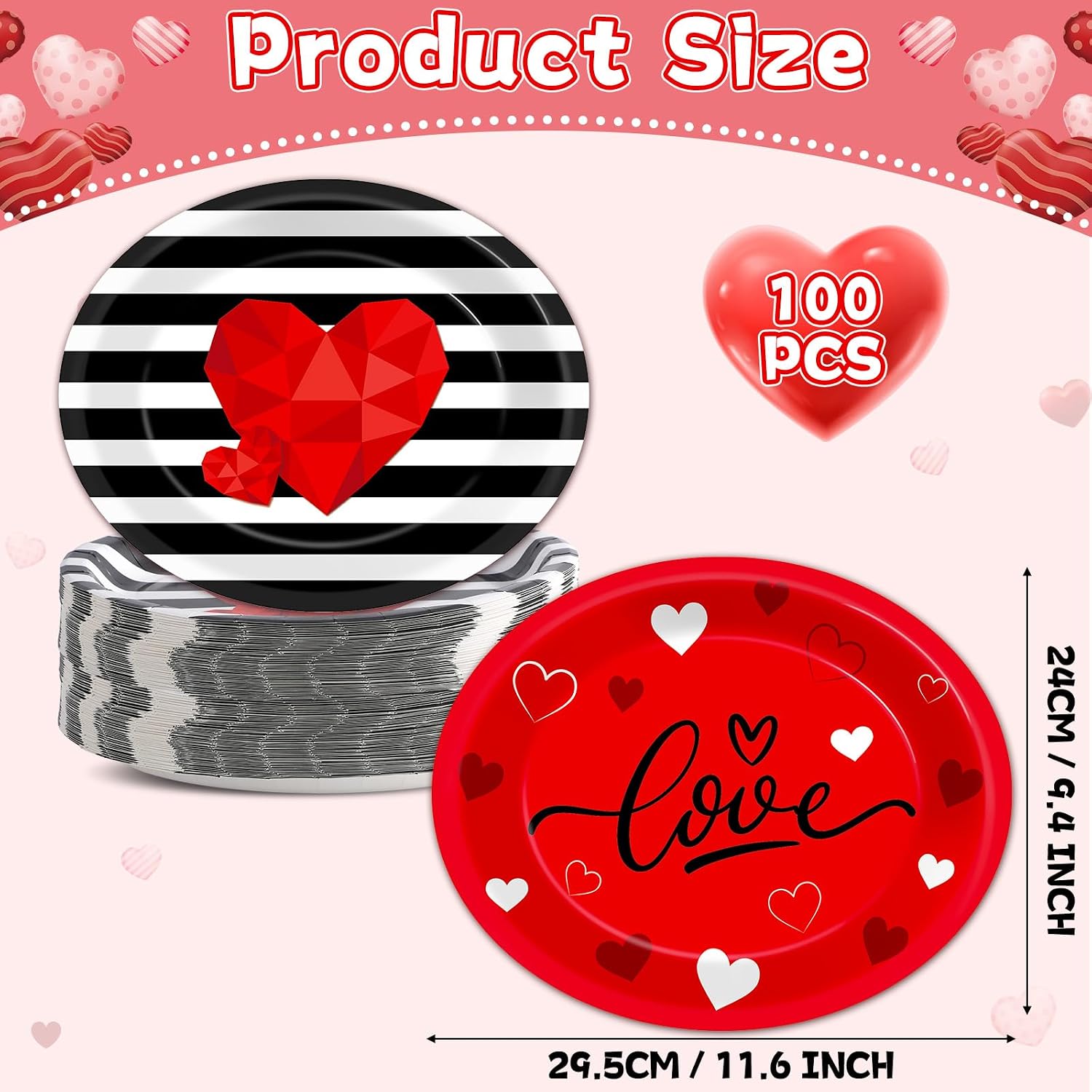 100PCS Valentines Day Oval Paper Plates Valentines Red Love Heart Disposable Tableware black white Striped Oval Plates Valentine Dinnerware Dish Trays for Wedding Anniversary Gatherings Party Supplies