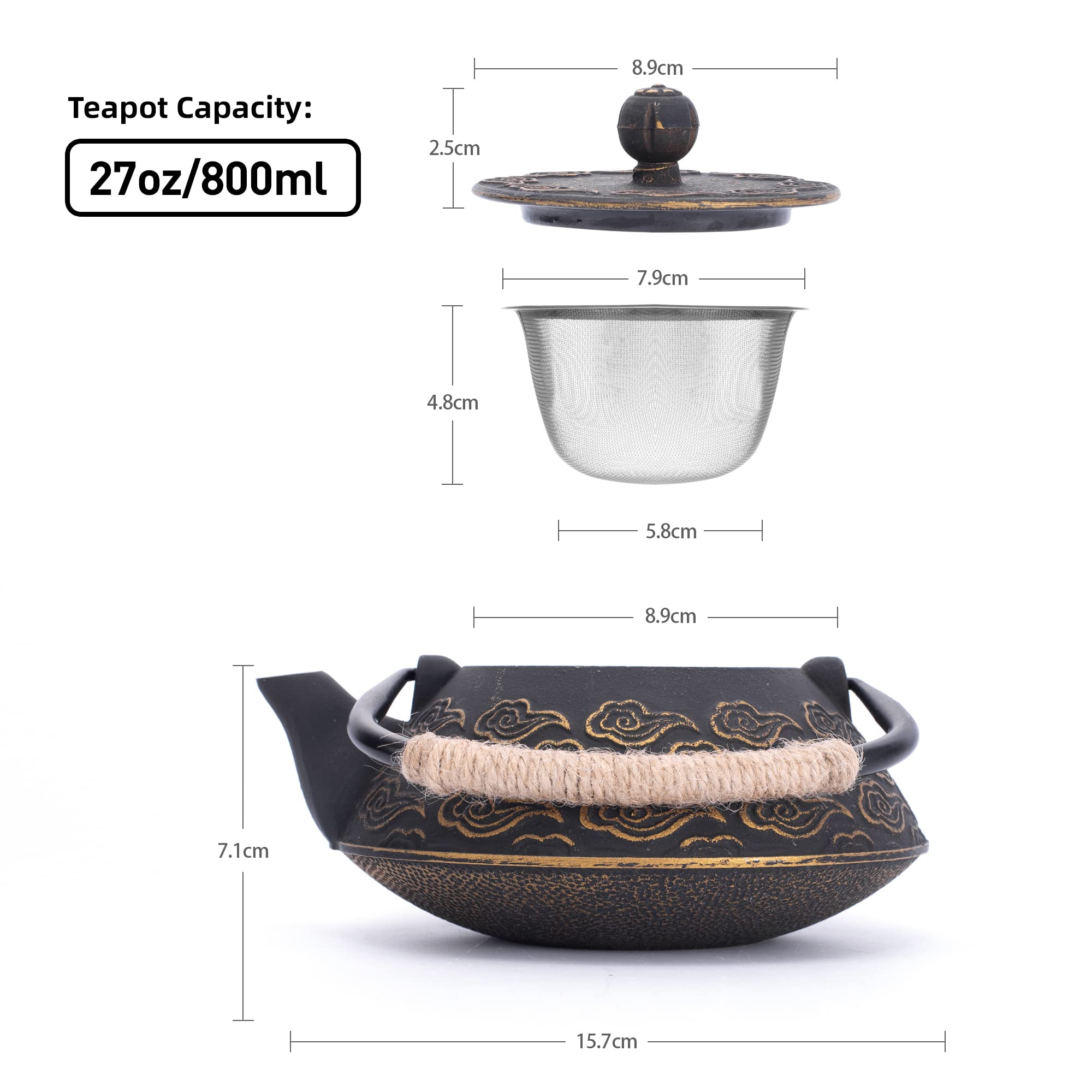 Gusseisen-Teekanne, japanische Teekanne mit Infuser für losen Tee, 800ml Teekessel für Herdplatten geeignet, mit emailliertem Innenbeschichtung, Wolkenmuster, 27oz Schwarz
