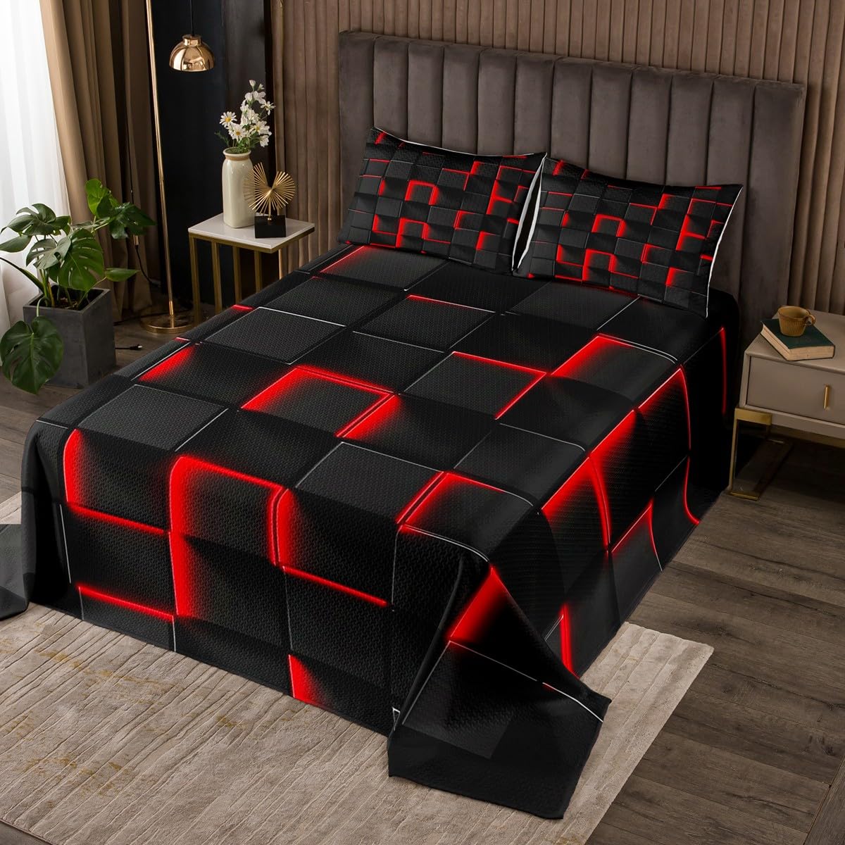 Manfei Geometric Abstract Art Bedspread Twin Size,Honeycomb Hexagon Bedding Set 2pcs for Kids Teens Living Room Decor,Red Neon Light Quilted Coverlet Soft Breathable with 1 Pillowcase