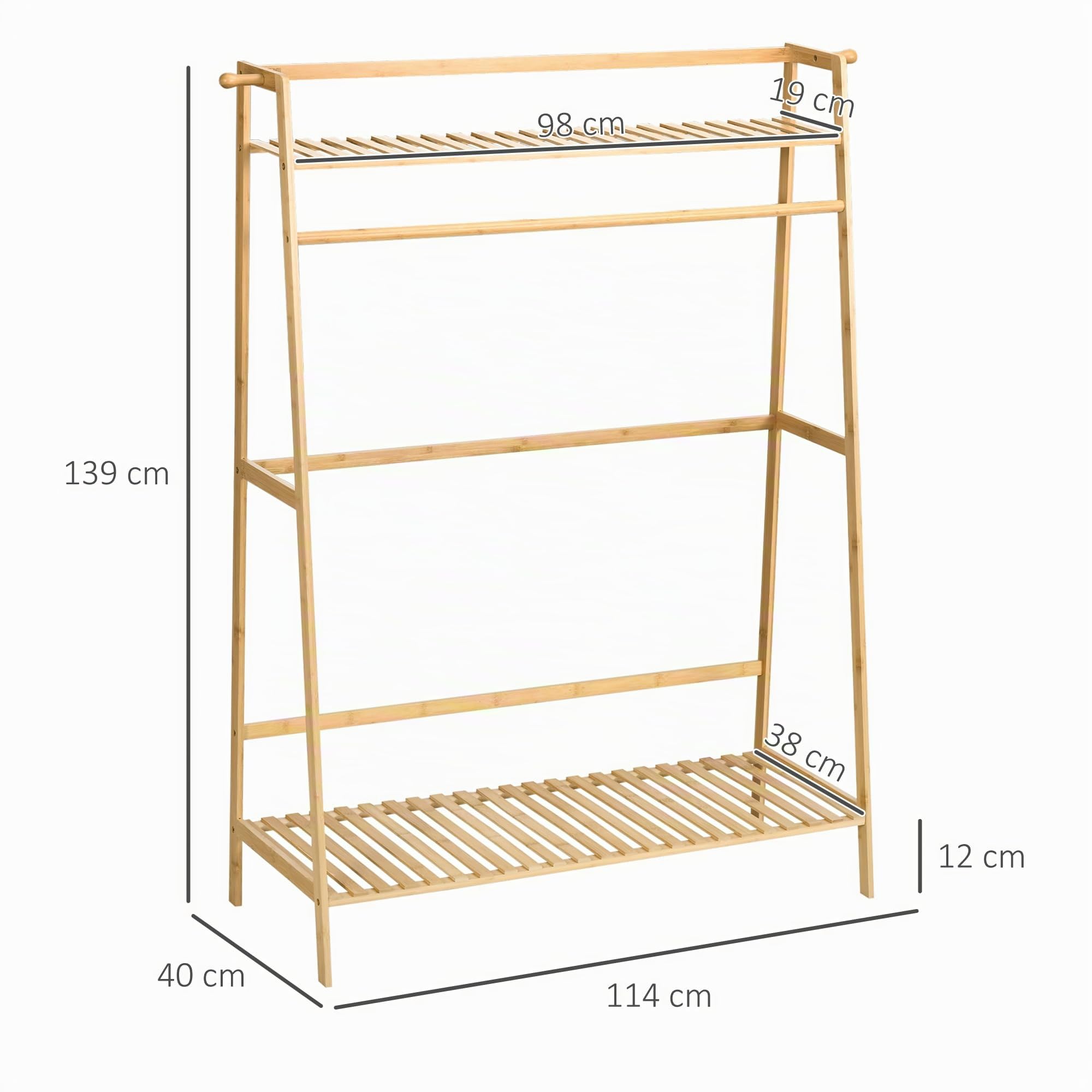 HOMCOM Perchero de Pie de Bambú Perchero para Ropa con 2 Estantes de Almacenaje 2 Ganchos Laterales y Barra Colgante para Entrada Dormitorio Oficina 114x40x139 cm Natural