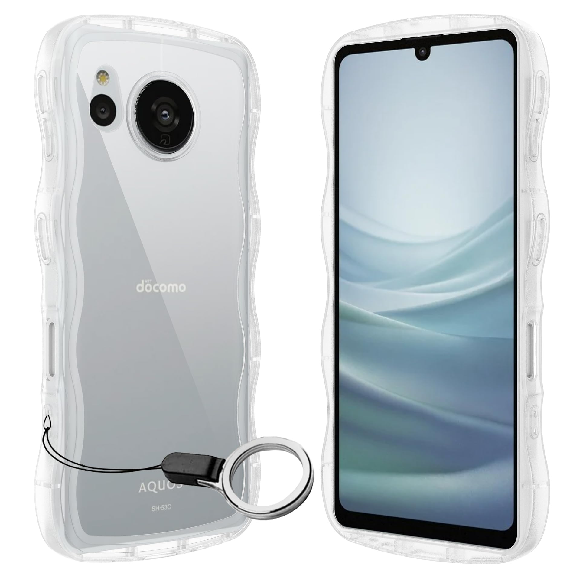 Aquos Sense7用ケースクリア リング付き AQUOS アクオスセンス7 SH-53C SHG10 ウェーブ 純透明 マグセフ 可愛い マツと感 TPU 耐衝撃 超軽量 極薄 透明 黄ばみなし 滑り止め かわいいうねうね 韓国 人気 ストラップホール付きなみなみ カバー・クリア