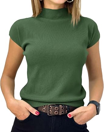 Saodimallsu Womens Short Sleeve Sweater Mock Neck Summer Basic Knit Tops