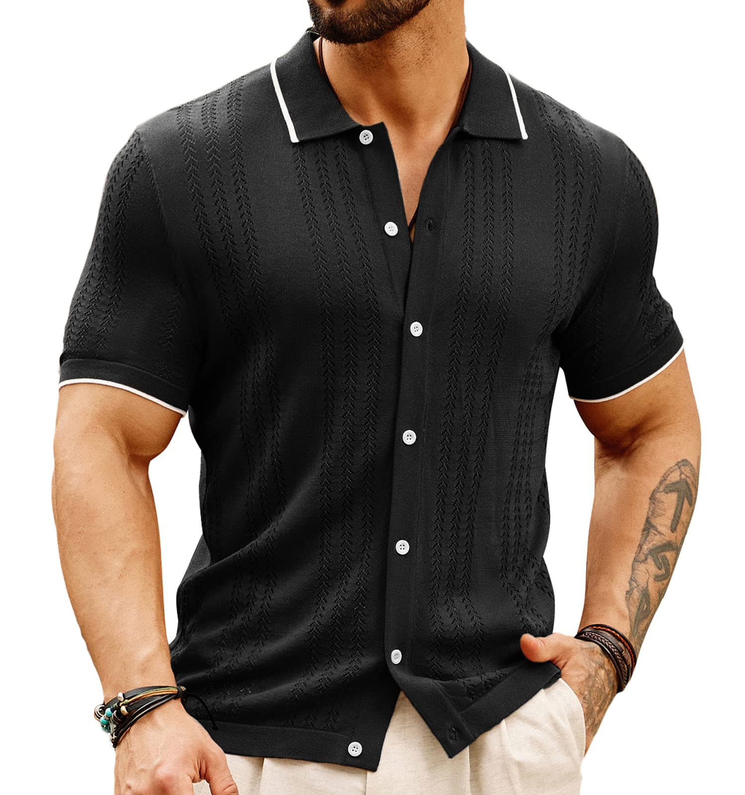 GRACE KARINMen's Breathable Knit Polo Shirt Hollow Out Bowling Button Shirts