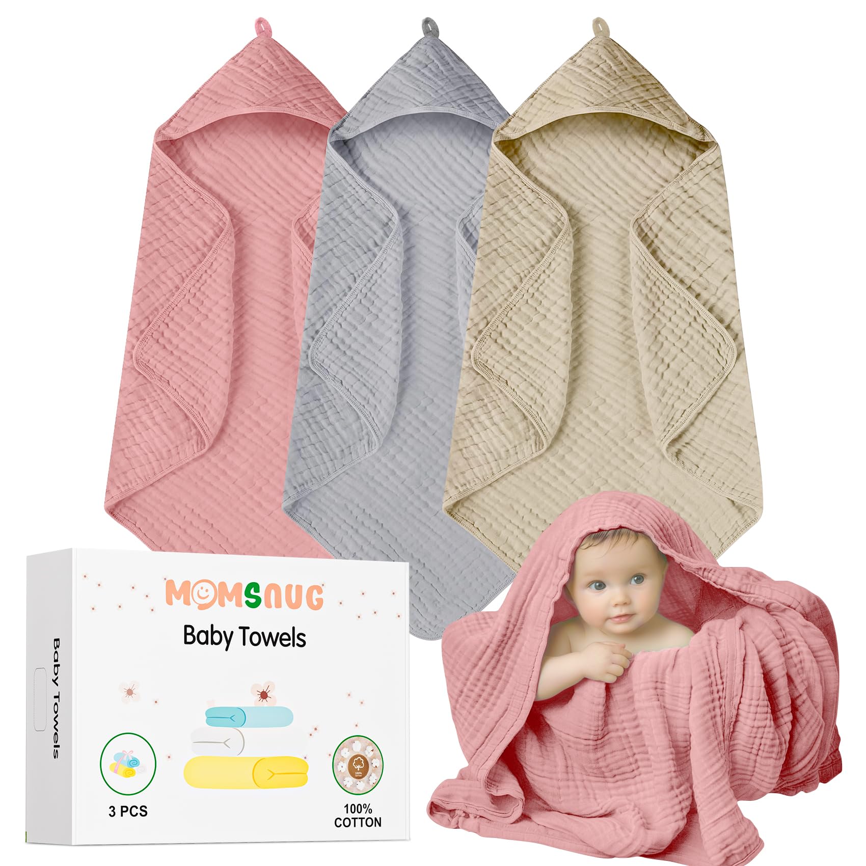Muslin Bath Towel Baby 3 Pack Hooded Baby Towels for Girl Boy Muslin Cotton Baby Bath Towel with