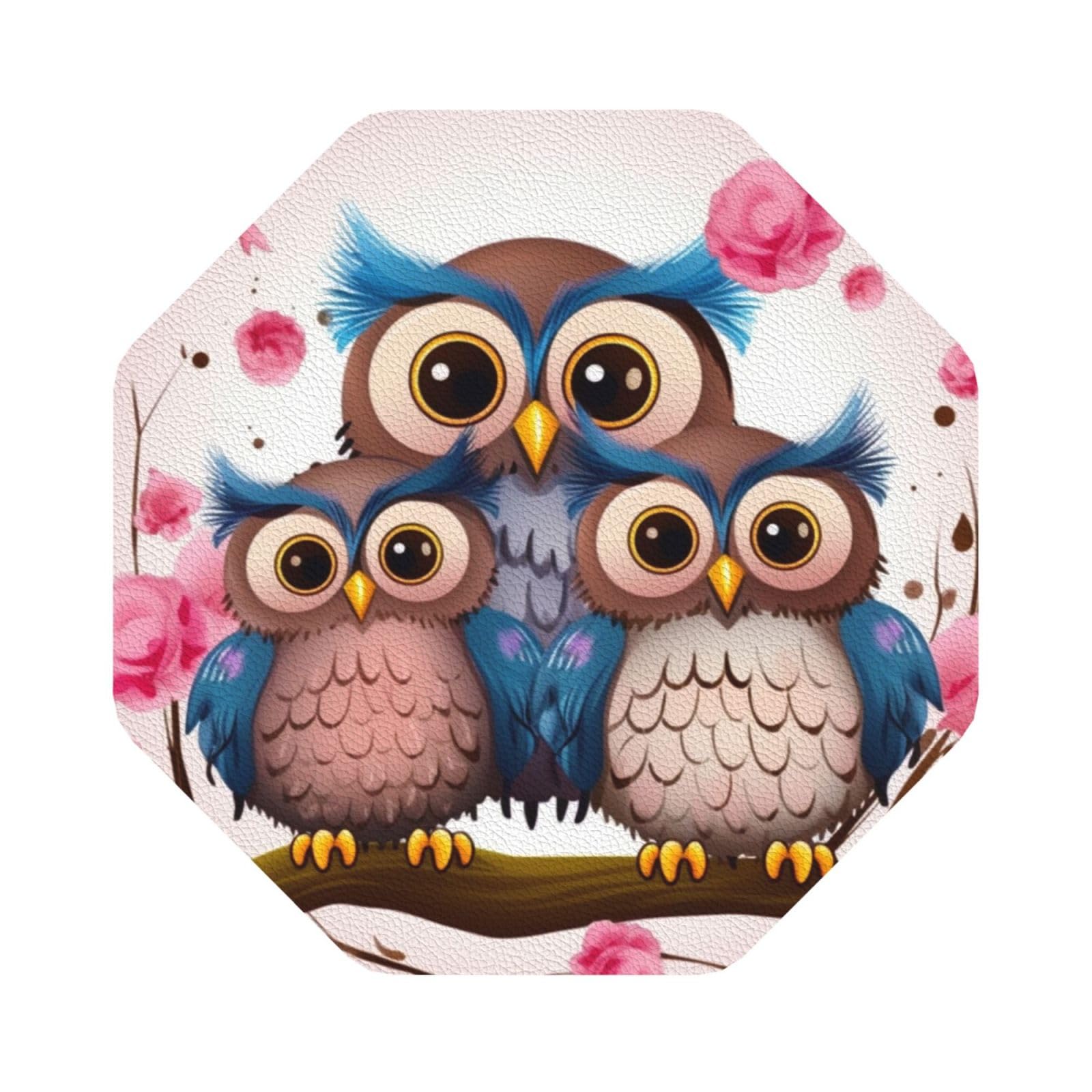 Fodpand Octagon Cute Owls Drink Coasters Set Of 4, Heat Resistant Leather Coasters Fuuny Bar Beer Beverage Coaster For Drinks, Absorbent Cup Mat For Tabletop Protection, Housewarming Gift