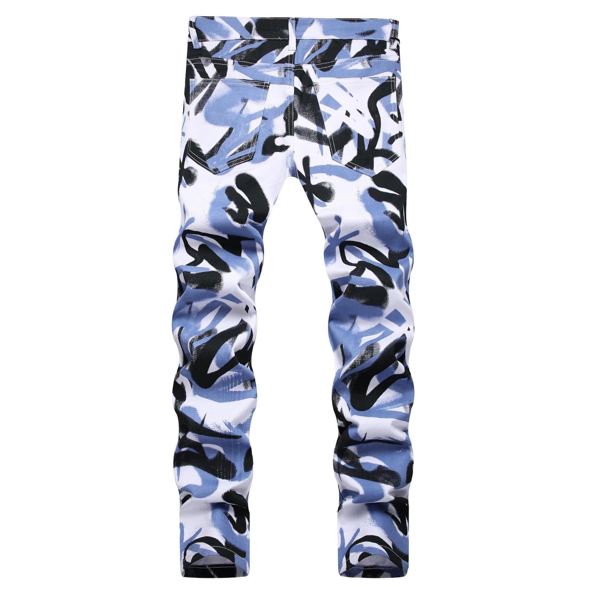 Maiyifu-GJ Printed Stretch Jeans for Men Skinny Slim Fit Casual Denim Pants Straight Hip Hop Street Wear Jean Trousers (Light Blue,38)