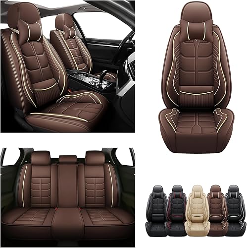 Miniatura 48 de URINOVET Funda de cuero para asiento de automóvil, fundas de asiento de lujo impermeables para KIA Forte Koup 2010-2016 (juego completo, café)