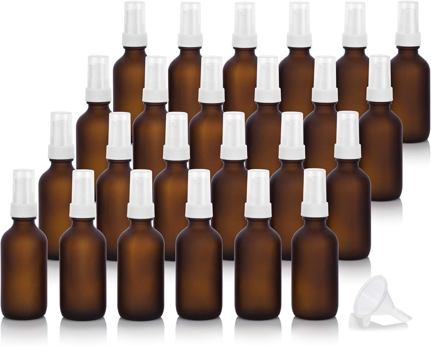 JUVITUS 2 oz / 60 ml Frosted Amber Glass Boston Round White Treatment Pump Empty Bottle Containers (24 pack) + Funnel
