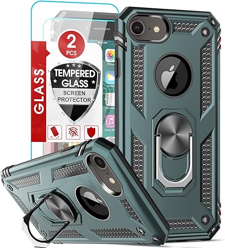 LeYi Funda compatible con iPhone 8, iPhone 7, iPhone 6S6 con protector de pantalla de vidrio templado, funda de grado militar con soporte de anillo