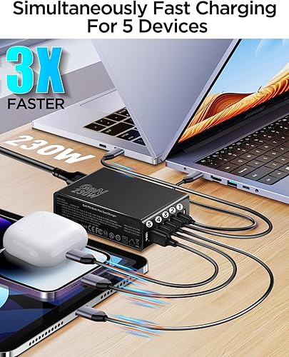Miniatura 3 de AICase Cargador USB C de 230 W, cargador de escritorio GaN de 5 puertos, cargador USB C para MacBook ProAir, iPad, iPhone, Samsung Galaxy, Google,