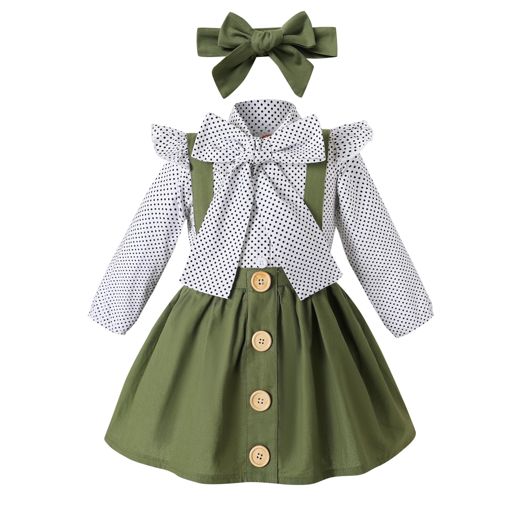YOUNGER TREE Toddler Girl Outfits 1-4 T Long Sleeve Shirt Overall Skirt Headband Set School Uniform Dress