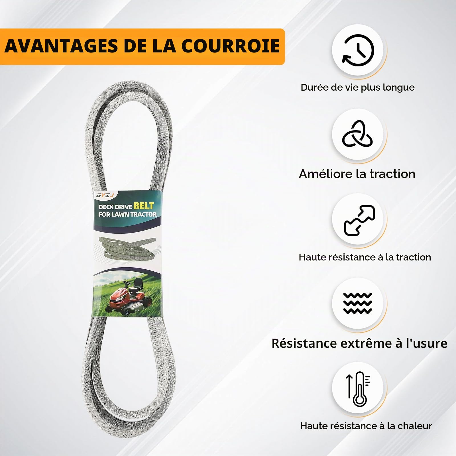 Courroie de 106,7 cm pour tondeuse John Deere GX20072 GY20570 Compatible avec John Deere 102 105 L100 L105 D100 D110 D120 D130 X110 X125 X145 E100 E110 E120 LA105 LA110 LA115 (1,27 cm x 264,2 cm)