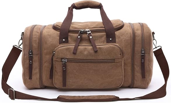 Canvas Duffle Bag for Men Women Travel, Expandable 50L Duffel Overnight Weekend Carry on Bag Coffee Black, Coffee