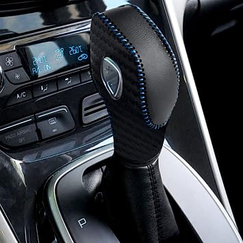 Leather Gear Shift Knob Cover Compatible with Ford Focus Escape Fusion Fiesta Transit 2012-2019 Black Carbon Fiber Pattern with Blue Stitches Shifter Knob Cover- Black